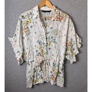 Zara Floral Tunic Top Women's Medium Ruffle Dolman Sleeve Tie Front Feminine